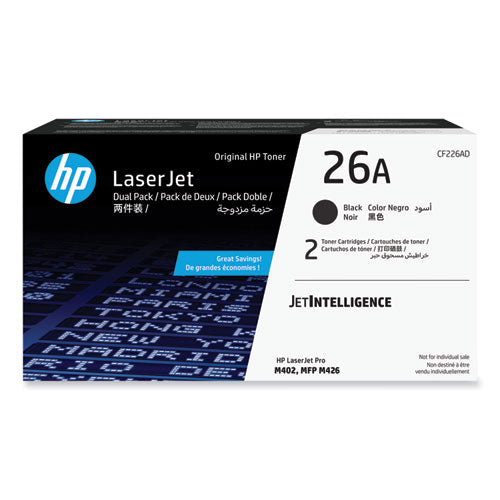 HP 26A, (CF226A) 2-Pack Black Original LaserJet Toner Cartridge-(HEWCF226AD)