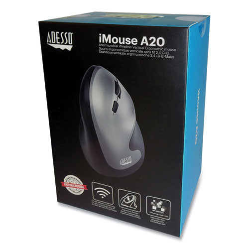 iMouse A20 Antimicrobial Vertical Wireless Mouse, 2.4 GHz Frequency/33 ft Wireless Range, Right Hand Use, Black/Granite-(ADEA20)