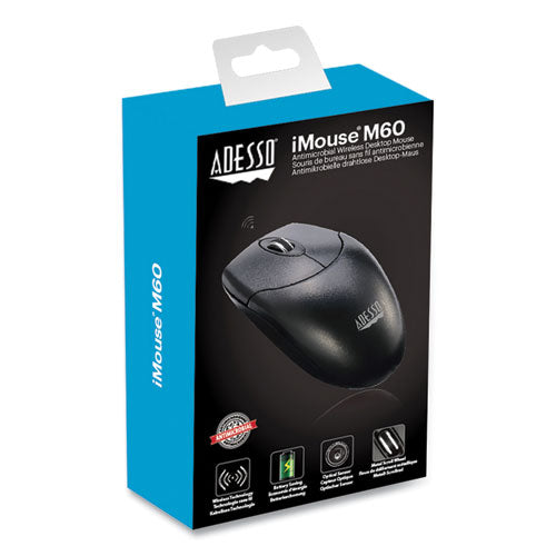iMouse M60 Antimicrobial Wireless Mouse, 2.4 GHz Frequency/30 ft Wireless Range, Left/Right Hand Use, Black-(ADEM60)