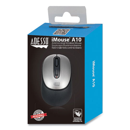 iMouse A10 Antimicrobial Wireless Mouse, 2.4 GHz Frequency/30 ft Wireless Range, Left/Right Hand Use, Black/Silver-(ADEA10)