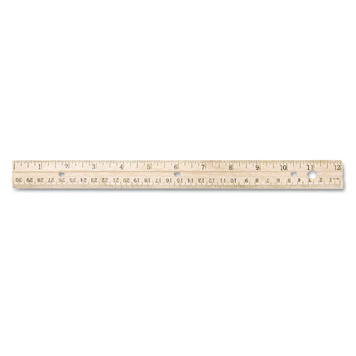 Three-Hole Punched Wood Ruler English and Metric With Metal Edge, 12" Long-(ACM10702)