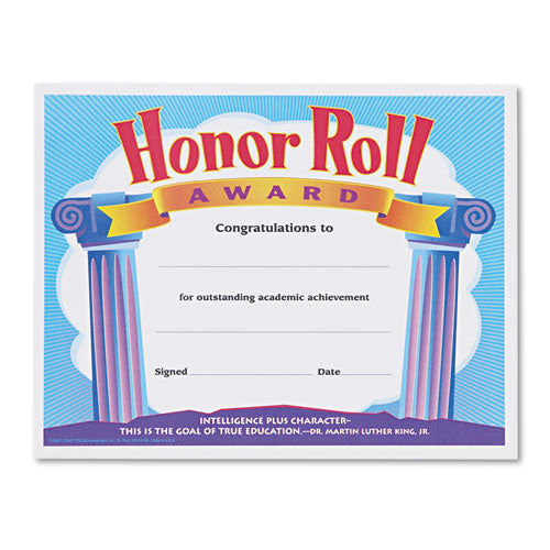 Honor Roll Award Certificates, 11 x 8.5, Horizontal Orientation, Assorted Colors with White Borders, 30/Pack-(TEPT2959)