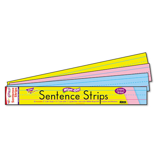 Wipe-Off Sentence Strips, 24 x 3, Blue Pink Yellow, 30/Pack-(TEPT4002)