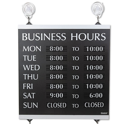 Century Series Business Hours Sign, Heavy-Duty Plastic, 13 x 14, Black-(USS4247)