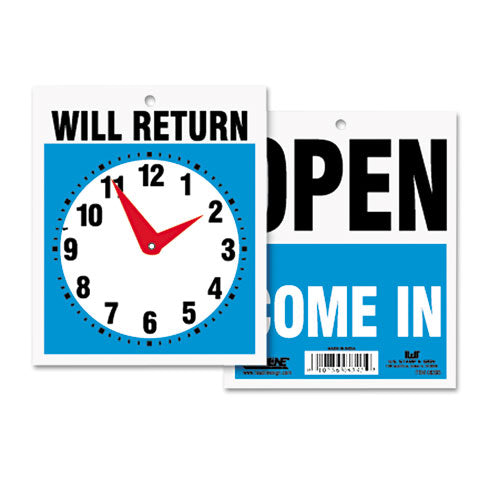Double-Sided Open/Will Return Sign with Clock Hands, Plastic, 7.5 x 9-(USS9382)